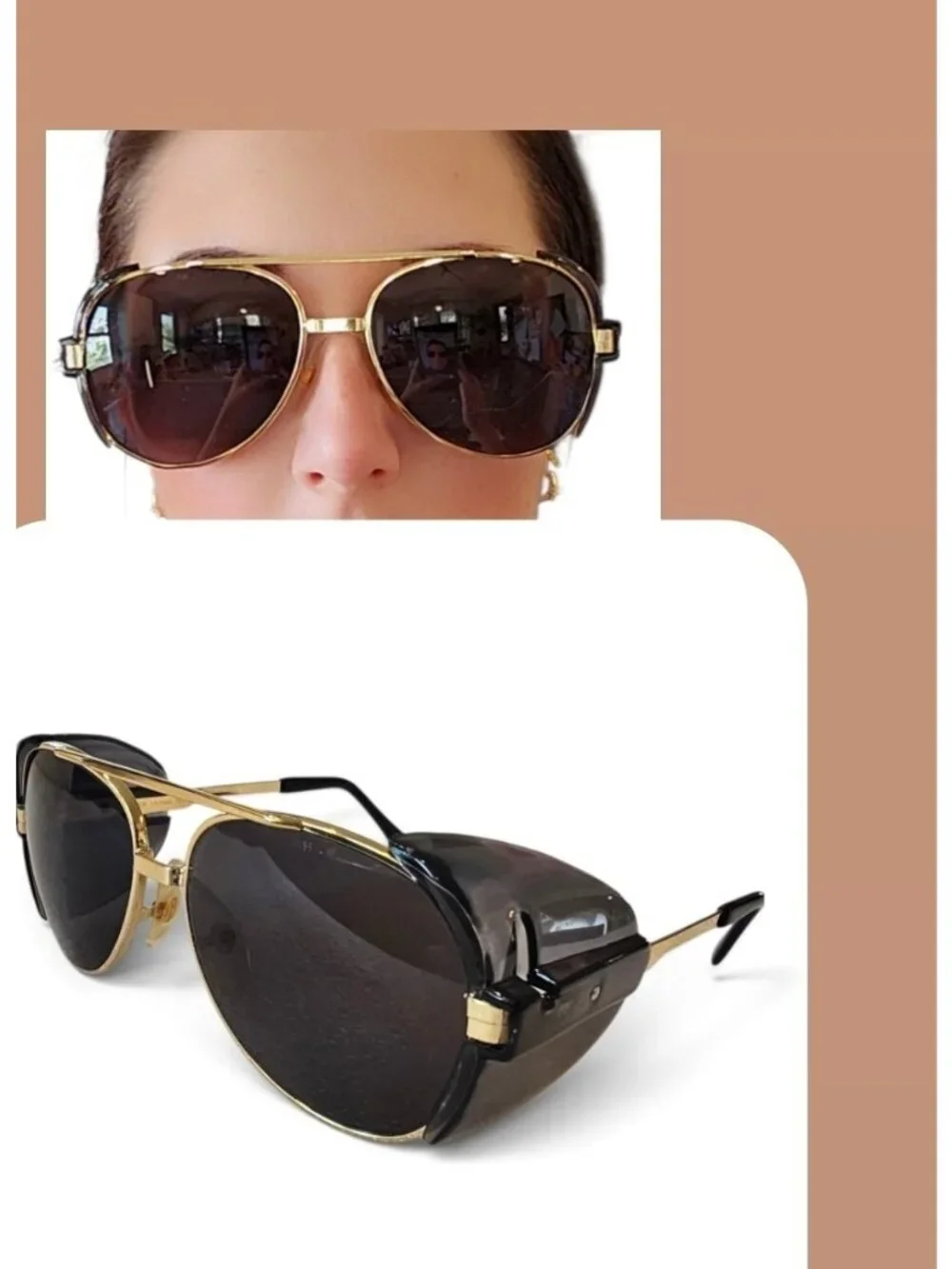 80s Pilot Aviators Sunglasses Side Shields Gold Tone Metal Rim 147 mm Motorcycle